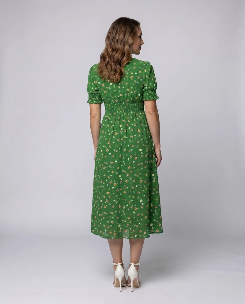 Damen Midikleid mit floralem Muster und elastischem Tailleneinsatz