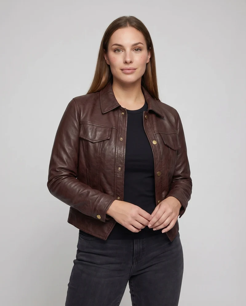 Damen Lederimitat-Blouson Arbeitsjackenstil Klappentaschen