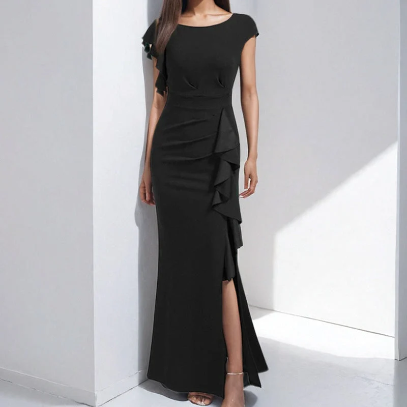 Damen elegantes Maxikleid mit Rüschendetails und seitlichem Schlitz