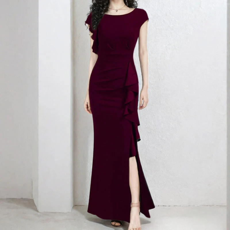 Damen elegantes Maxikleid mit Rüschendetails und seitlichem Schlitz