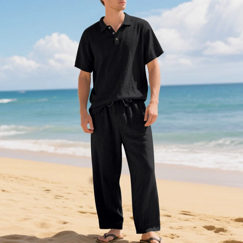 Herren nan luftiges Leinen-Ensemble mit Polokragen und regulierbarer Bundhose