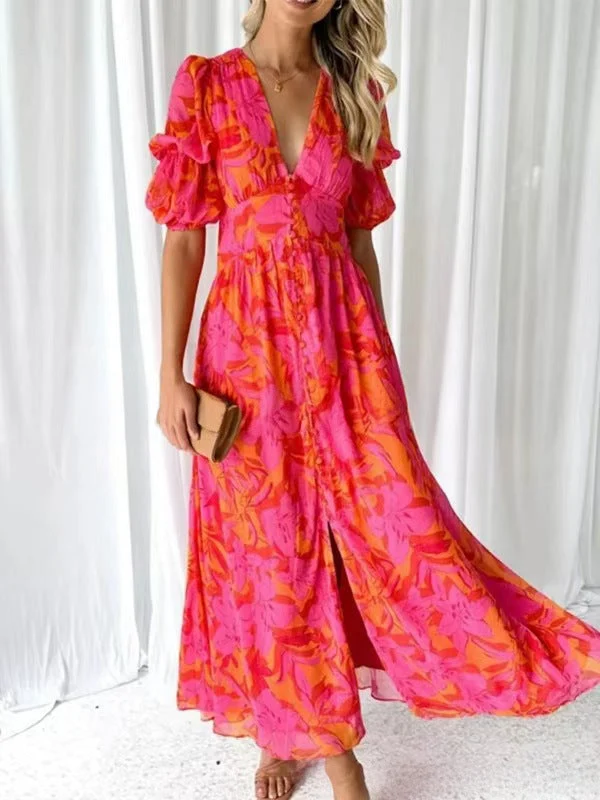 Damen Maxikleid mit Blumenmuster und V-Ausschnitt