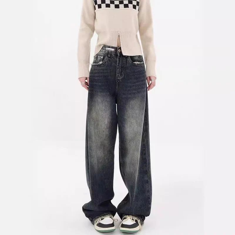 Damen Weite Baggy-Jeans mit authentischem Used-Look