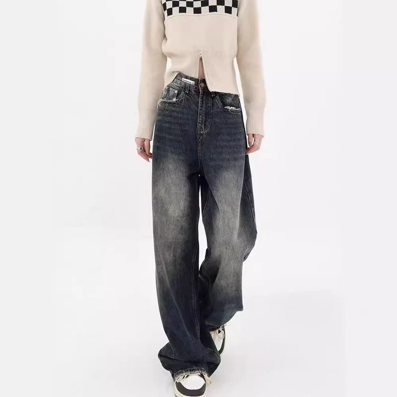 Damen Weite Baggy-Jeans mit authentischem Used-Look