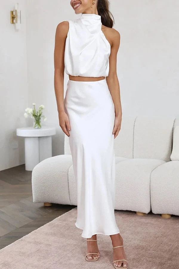 Solch Eine Stimmung Hochgeschlossene Satin Drapiert Maxirock Set