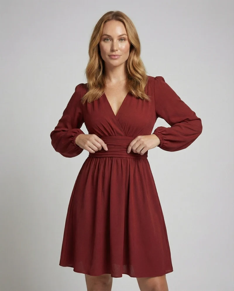 Damen Kleid mit Ballonärmeln und Beinschlitz