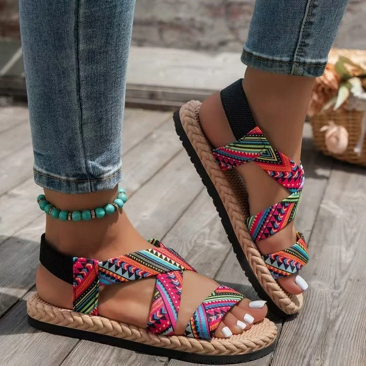 Damen Komfortable Riemensandalen mit elastischen Kreuzriemen und rutschfester Sohle