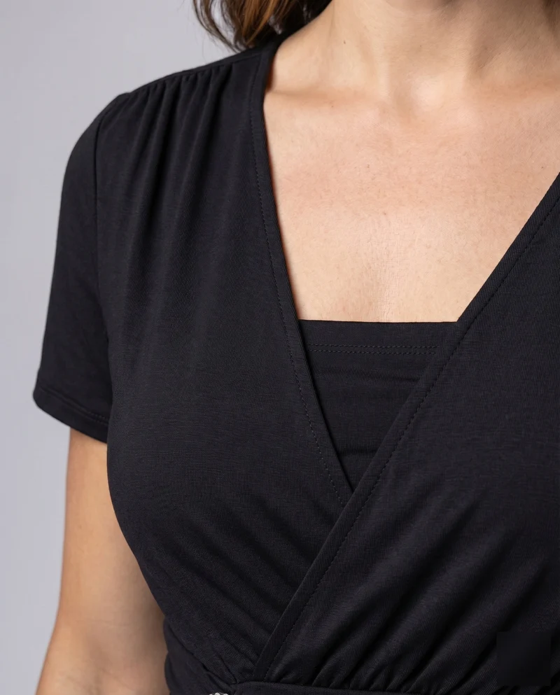 Damen Etuikleid Wickel-Look V-Ausschnitt Zierschnalle