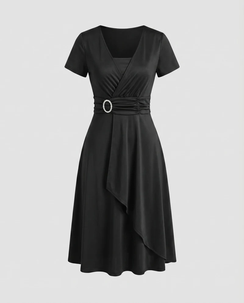 Damen Etuikleid Wickel-Look V-Ausschnitt Zierschnalle