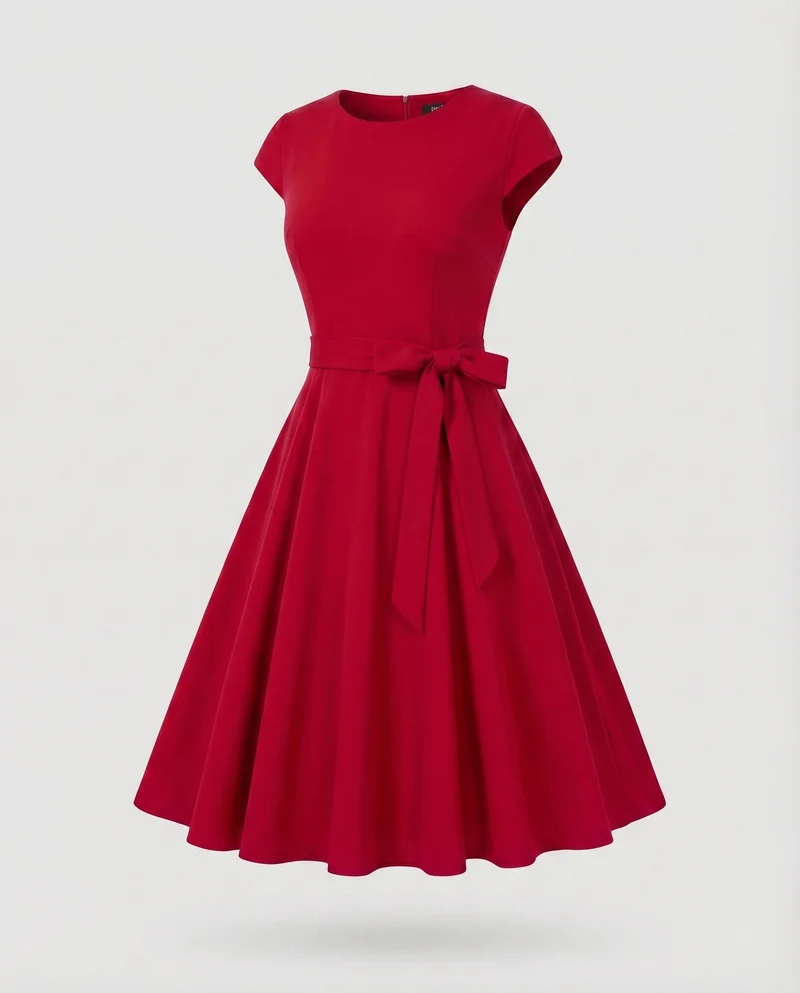 Damen Vintage-Swingkleid Ausgestellter Rock Schleifengürtel