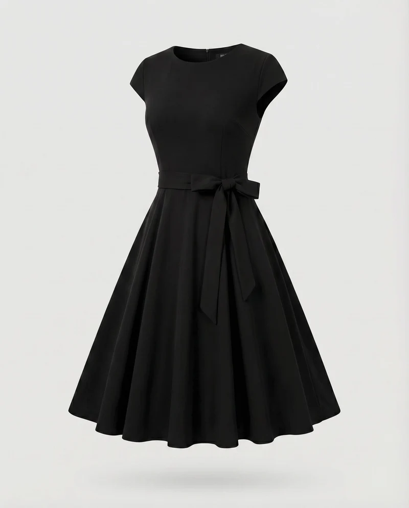 Damen Vintage-Swingkleid Ausgestellter Rock Schleifengürtel