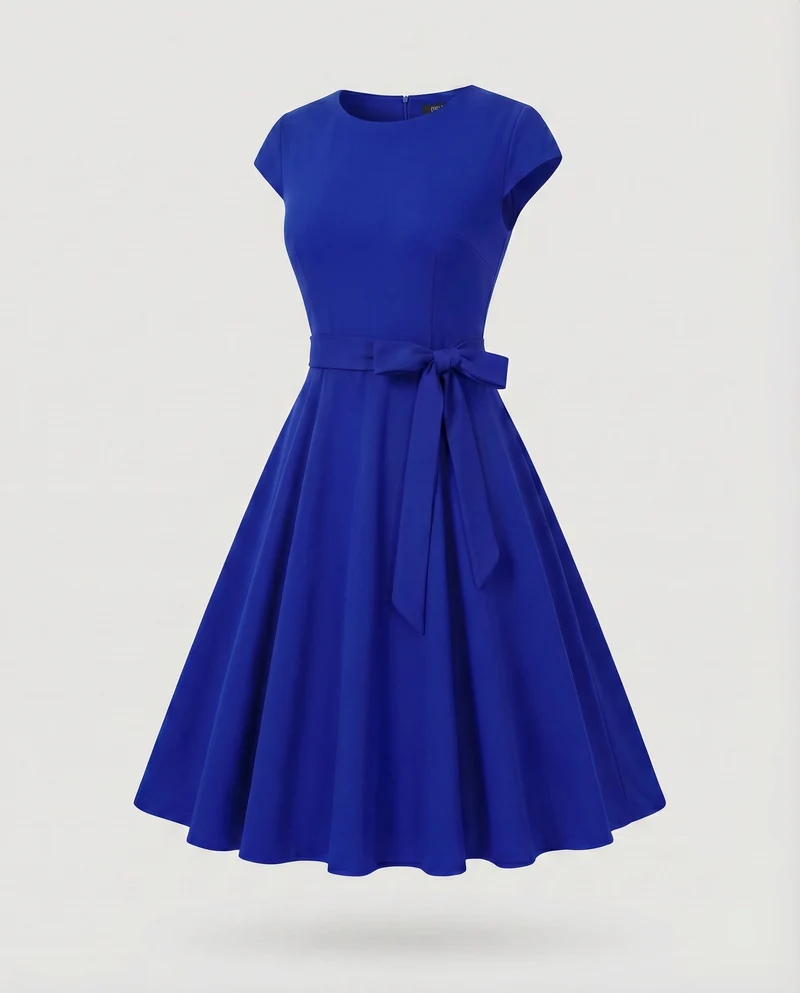 Damen Vintage-Swingkleid Ausgestellter Rock Schleifengürtel