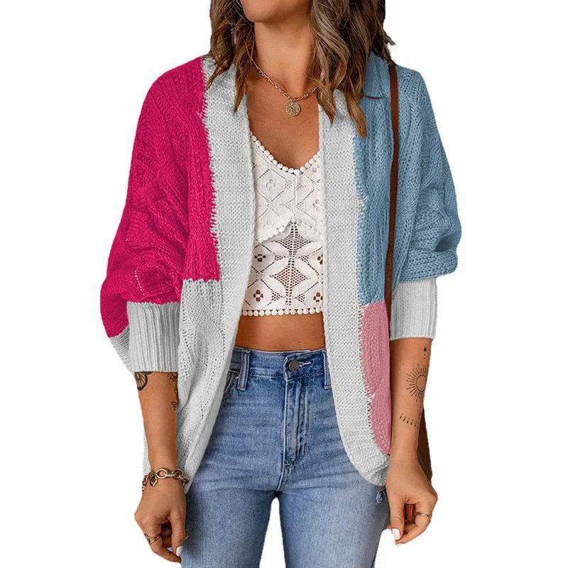 Damen Lockere Strickjacke mit modischem Farbblockdesign und tiefen Taschen