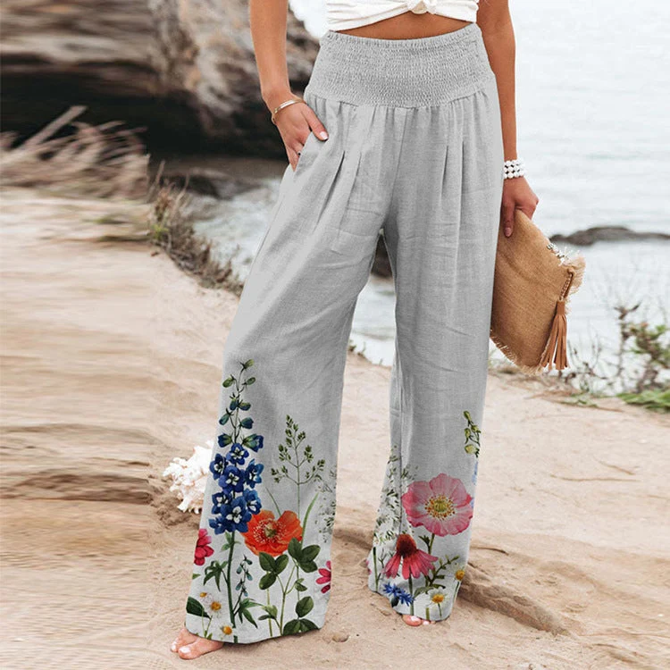 Damen Palazzo-Hose mit floralem Motiv und elastischem Bund