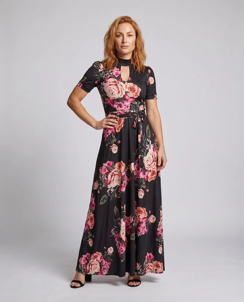 Damen Maxikleid Schlüsselloch-Ausschnitt Bindegürtel Kurzarm Schmeichelnd