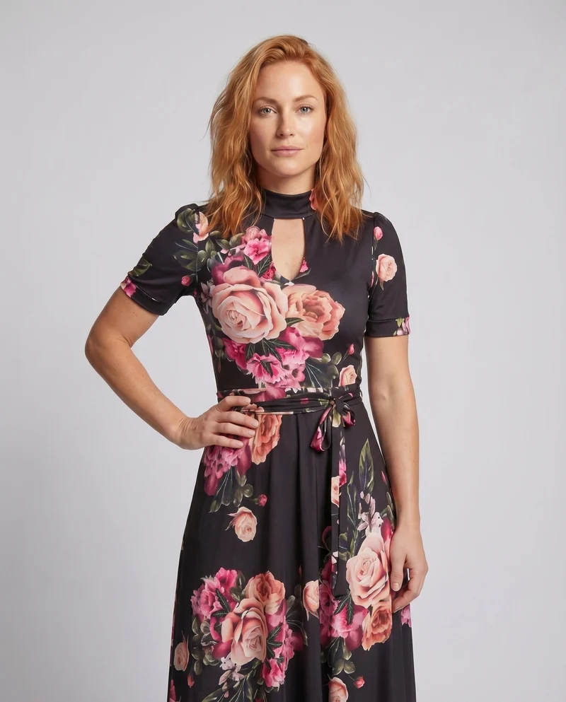Damen Maxikleid Schlüsselloch-Ausschnitt Bindegürtel Kurzarm Schmeichelnd