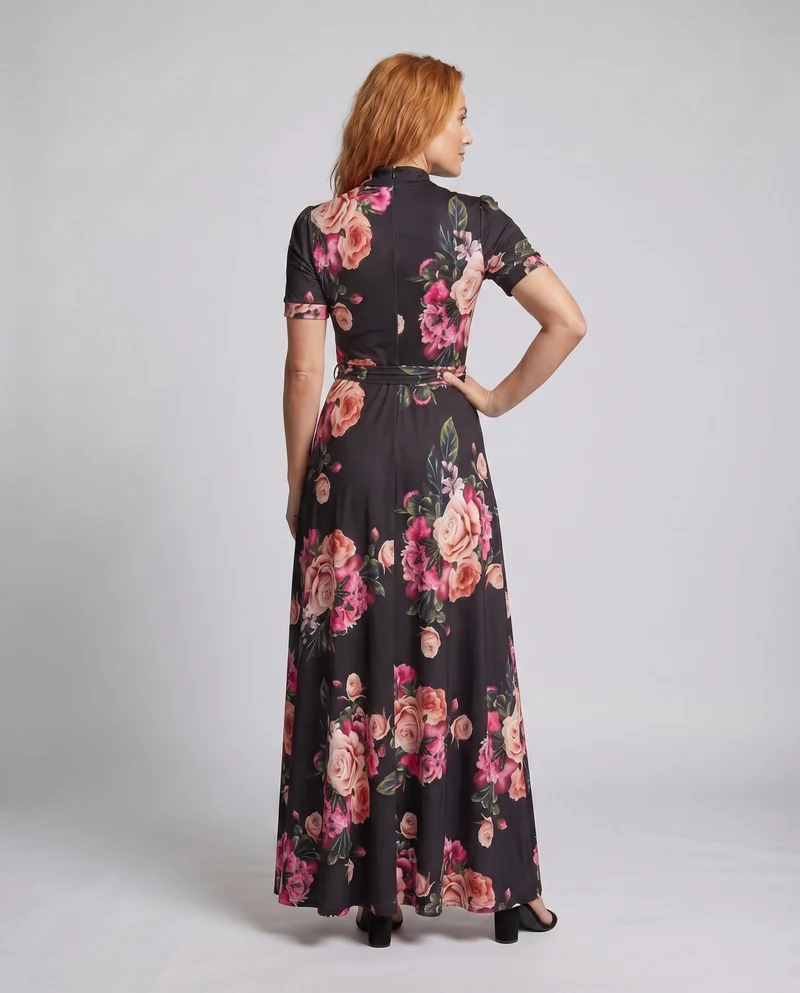 Damen Maxikleid Schlüsselloch-Ausschnitt Bindegürtel Kurzarm Schmeichelnd