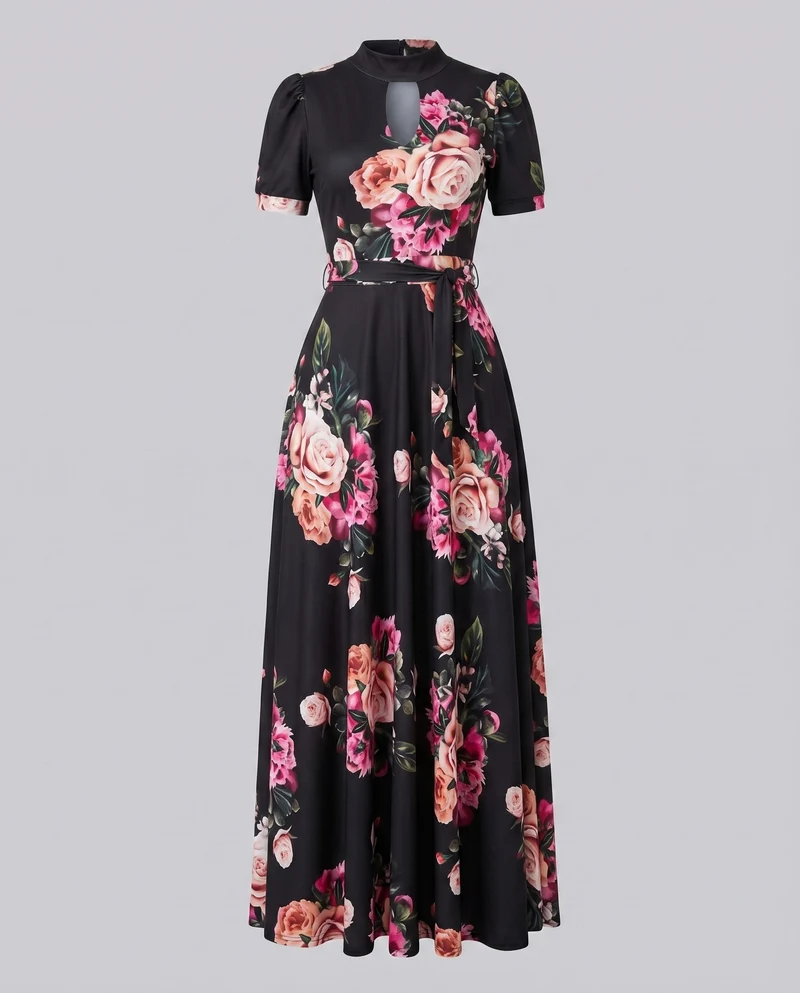 Damen Maxikleid Schlüsselloch-Ausschnitt Bindegürtel Kurzarm Schmeichelnd