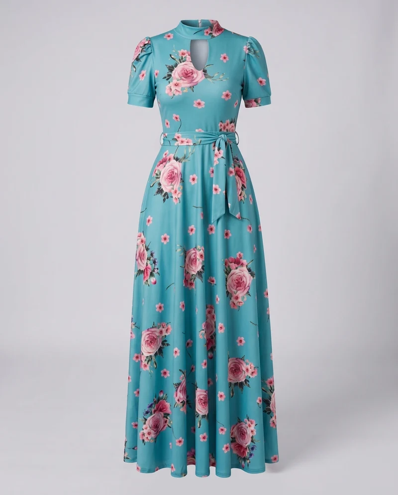 Damen Maxikleid Schlüsselloch-Ausschnitt Bindegürtel Kurzarm Schmeichelnd