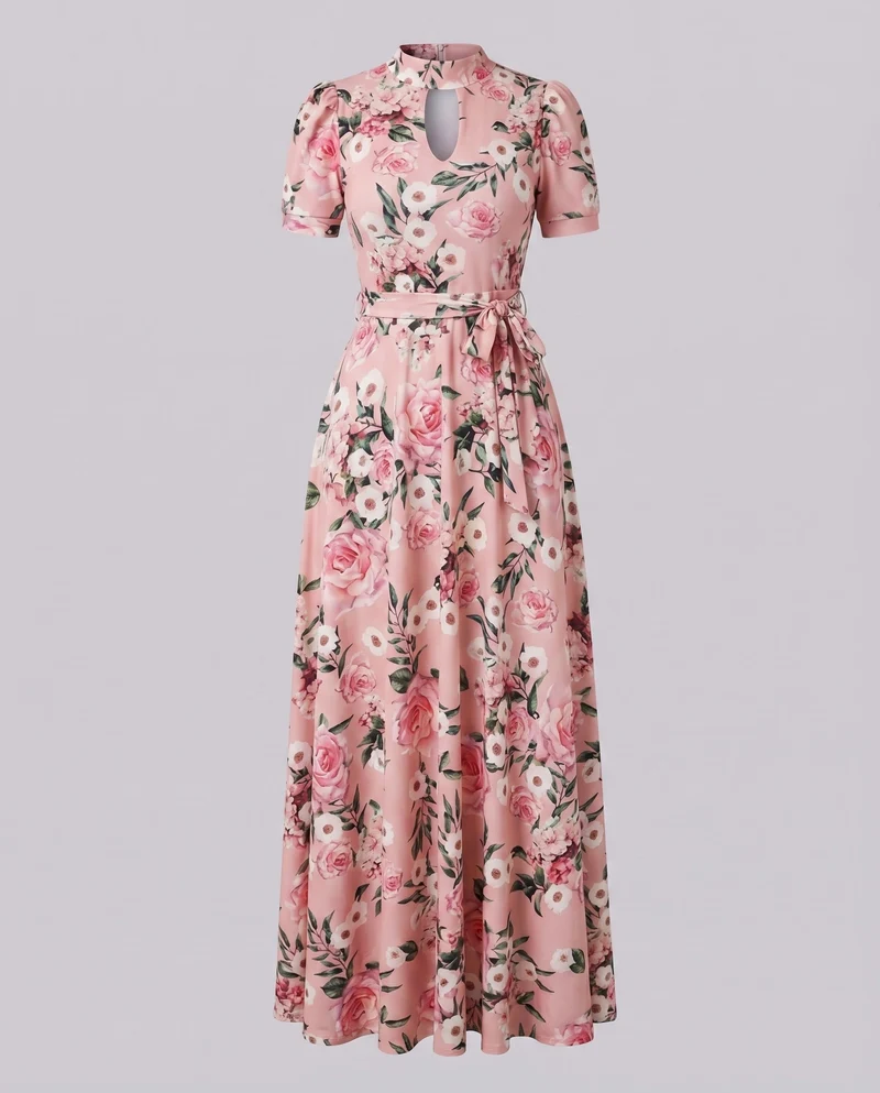 Damen Maxikleid Schlüsselloch-Ausschnitt Bindegürtel Kurzarm Schmeichelnd