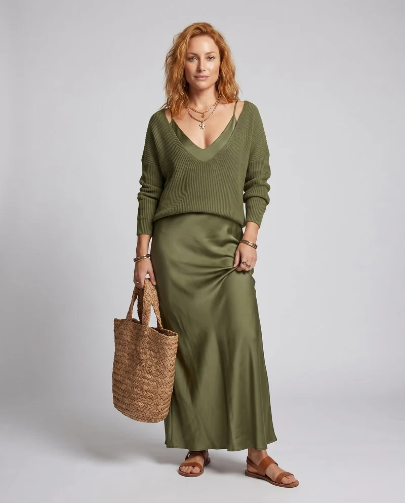 Damen Elegantes Maxikleid aus fließendem Satin mit tiefem V-Ausschnitt