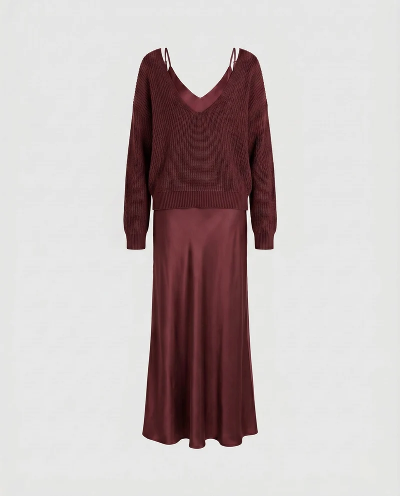 Damen Elegantes Maxikleid aus fließendem Satin mit tiefem V-Ausschnitt