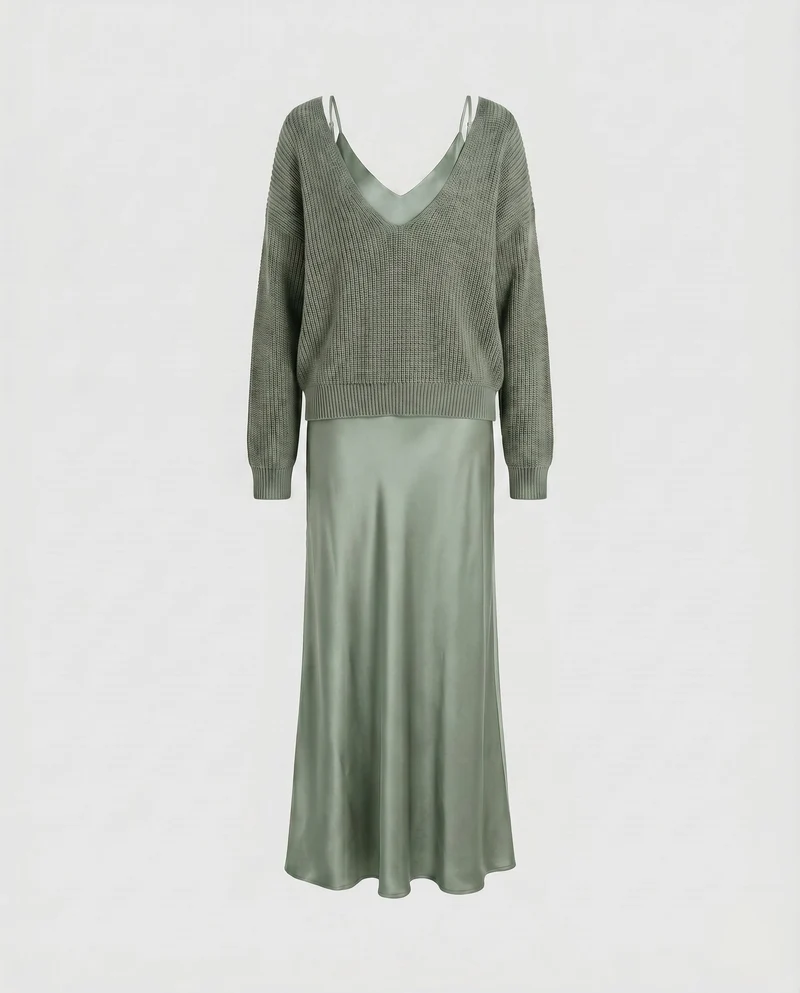 Damen Elegantes Maxikleid aus fließendem Satin mit tiefem V-Ausschnitt