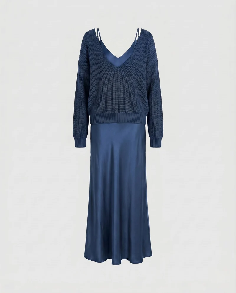 Damen Elegantes Maxikleid aus fließendem Satin mit tiefem V-Ausschnitt