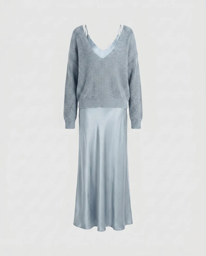 Damen Elegantes Maxikleid aus fließendem Satin mit tiefem V-Ausschnitt