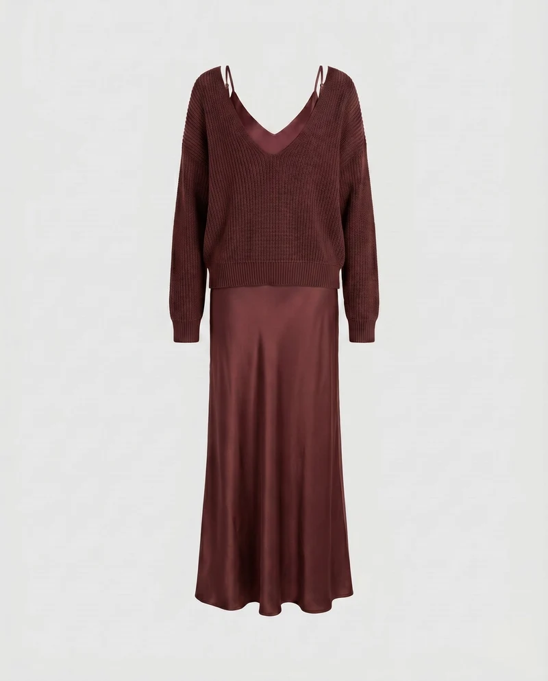 Damen Elegantes Maxikleid aus fließendem Satin mit tiefem V-Ausschnitt