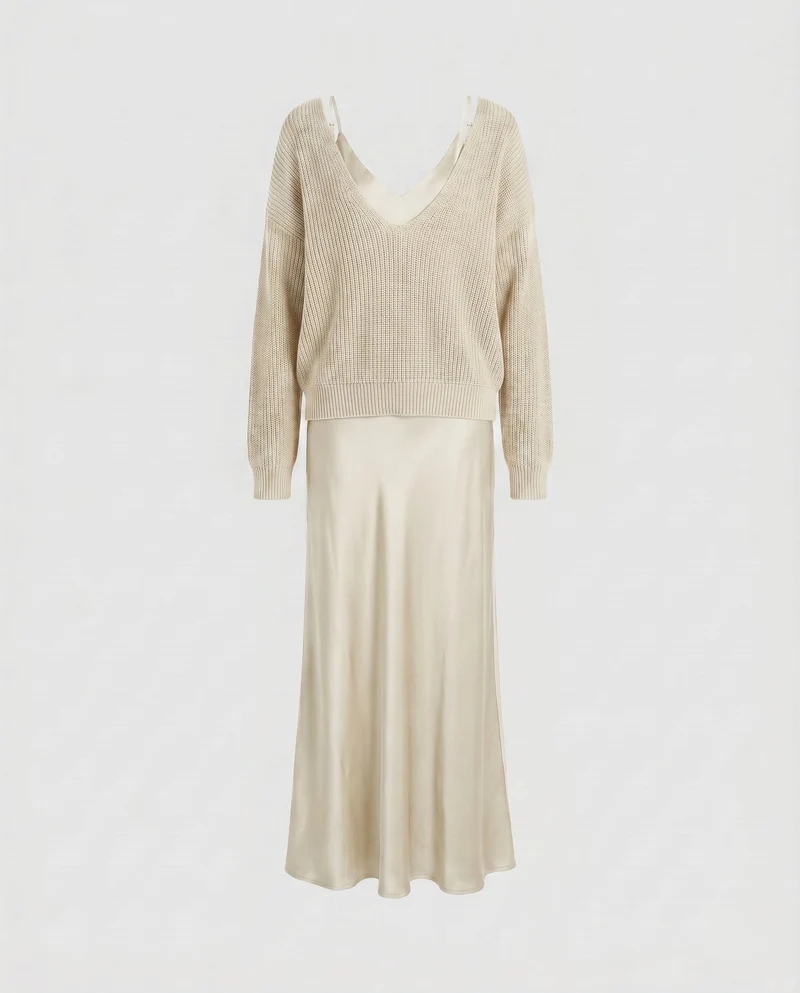Damen Elegantes Maxikleid aus fließendem Satin mit tiefem V-Ausschnitt