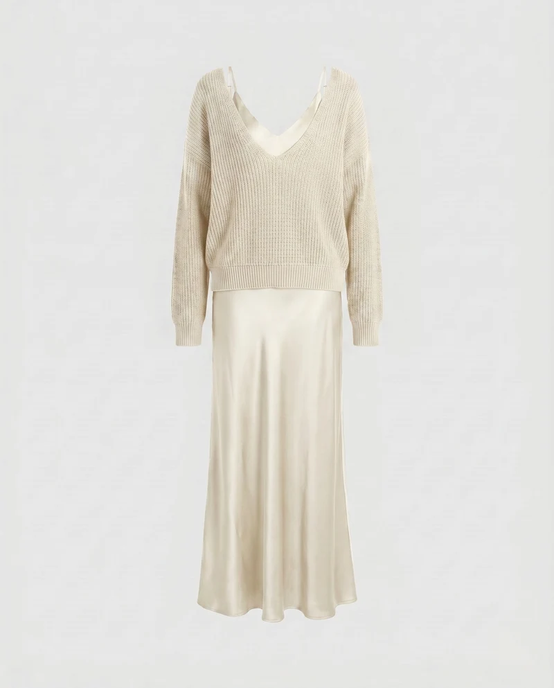 Damen Elegantes Maxikleid aus fließendem Satin mit tiefem V-Ausschnitt