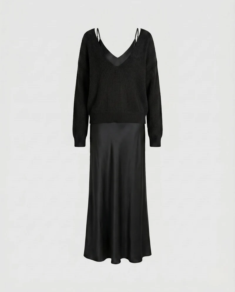 Damen Elegantes Maxikleid aus fließendem Satin mit tiefem V-Ausschnitt