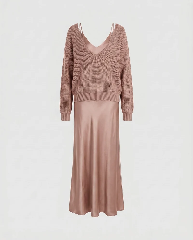 Damen Elegantes Maxikleid aus fließendem Satin mit tiefem V-Ausschnitt