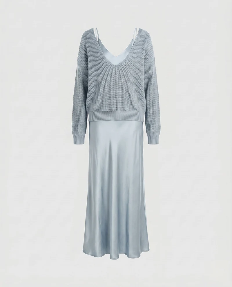 Damen Elegantes Maxikleid aus fließendem Satin mit tiefem V-Ausschnitt