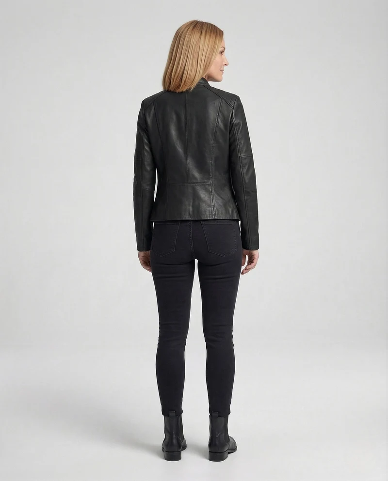 Damen Kunstlederjacke mit Reißverschlusstaschen Slim Jacket