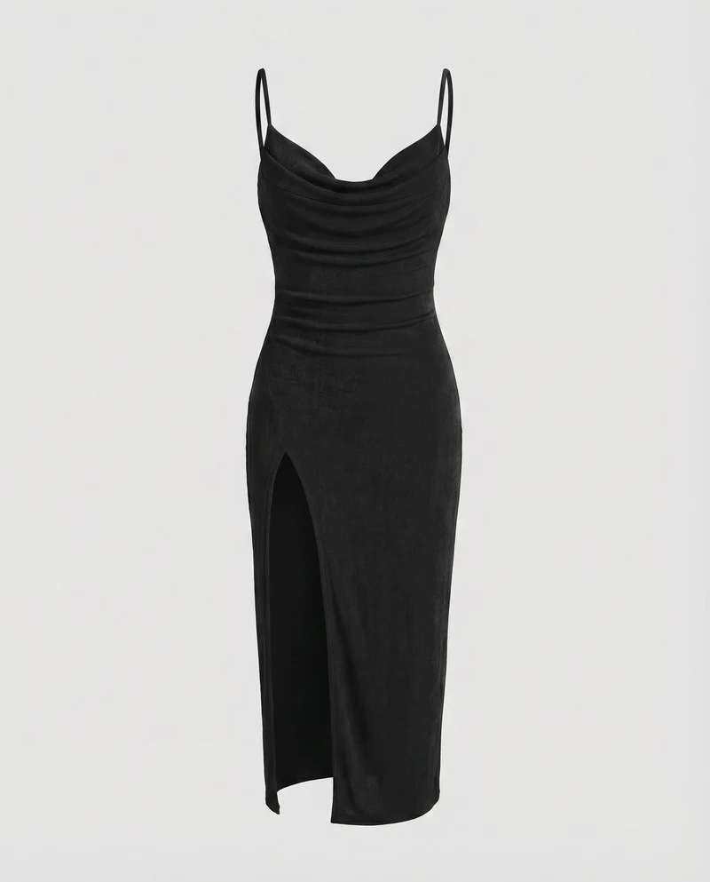 Damen Abendkleid Wasserfall-Dekolleté Spaghettiträger Seitenschlitz