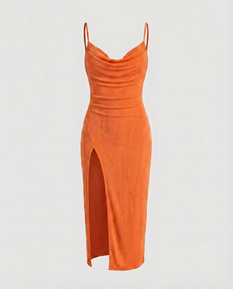 Damen Abendkleid Wasserfall-Dekolleté Spaghettiträger Seitenschlitz