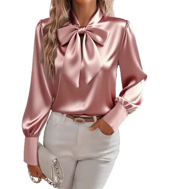 Damen elegante Satinbluse mit Schleifenkragen und Puffärmeln Nord Taschen