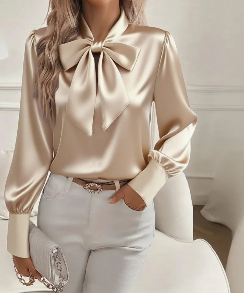 Damen elegante Satinbluse mit Schleifenkragen und Puffärmeln Nord Taschen