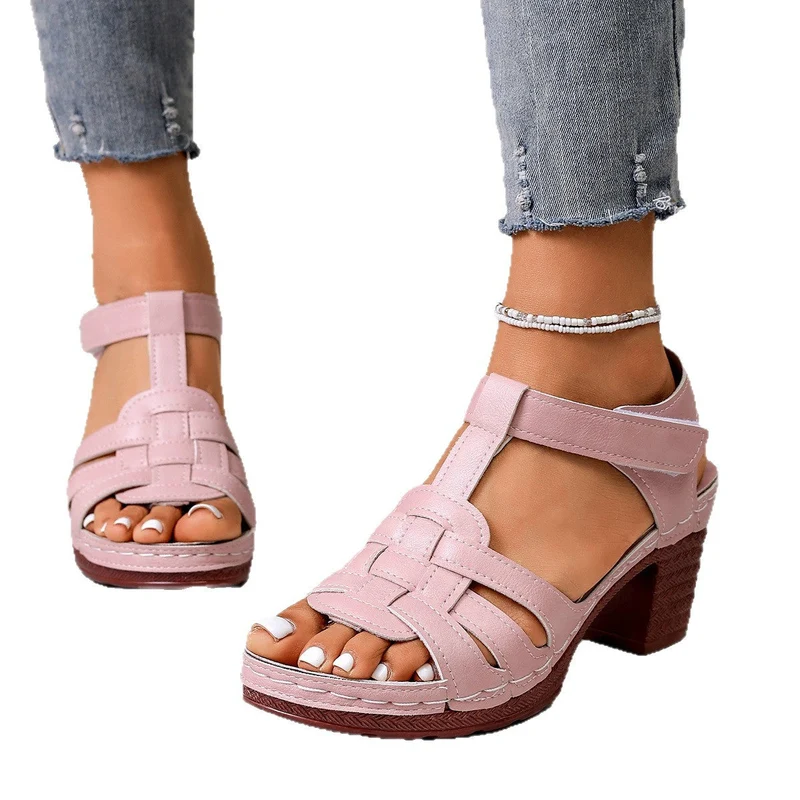 Damen Komfortable Riemchen-Sandalen mit geschwungenem Absatz und atmungsaktivem Leder