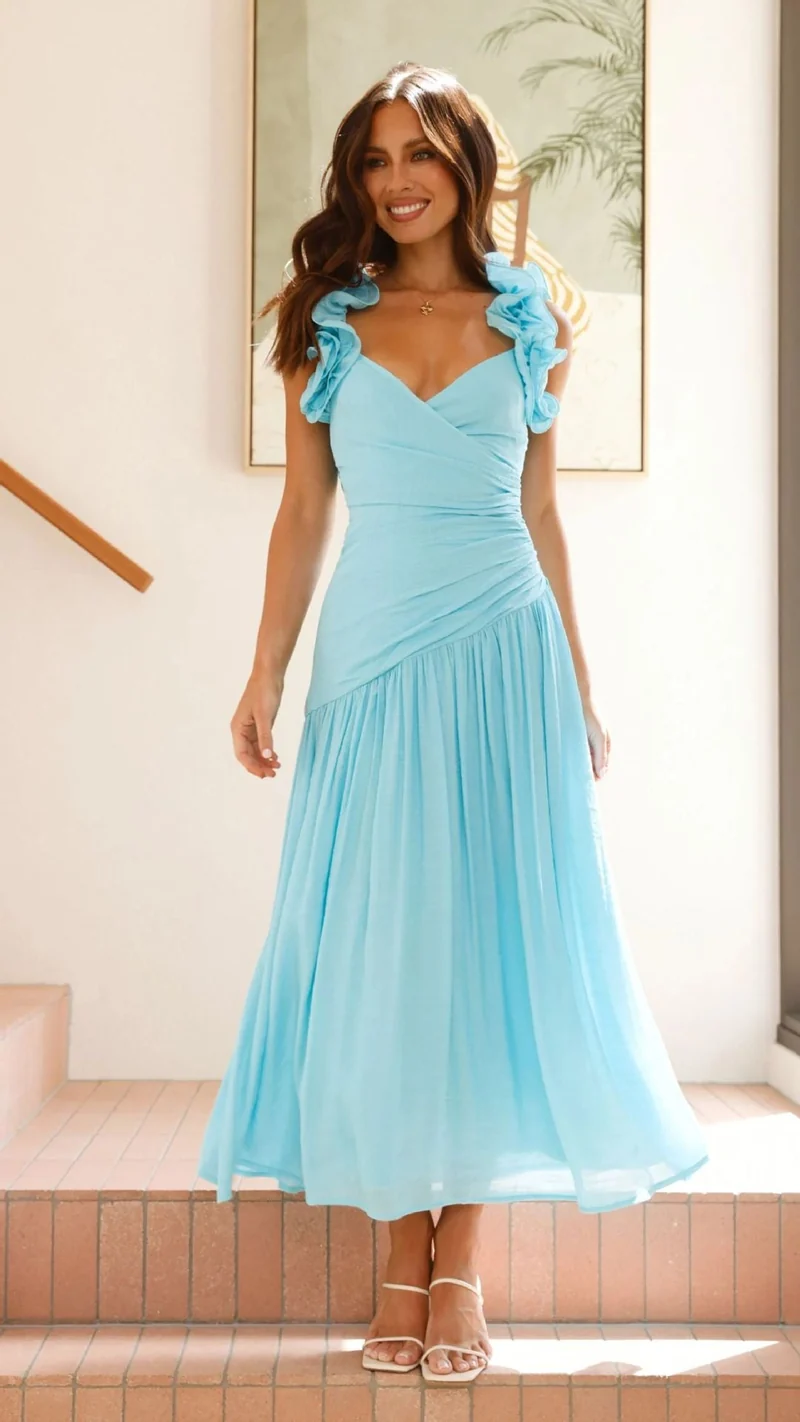 Damen Maxikleid mit eleganten Rüschen und figurbetontem Schnitt