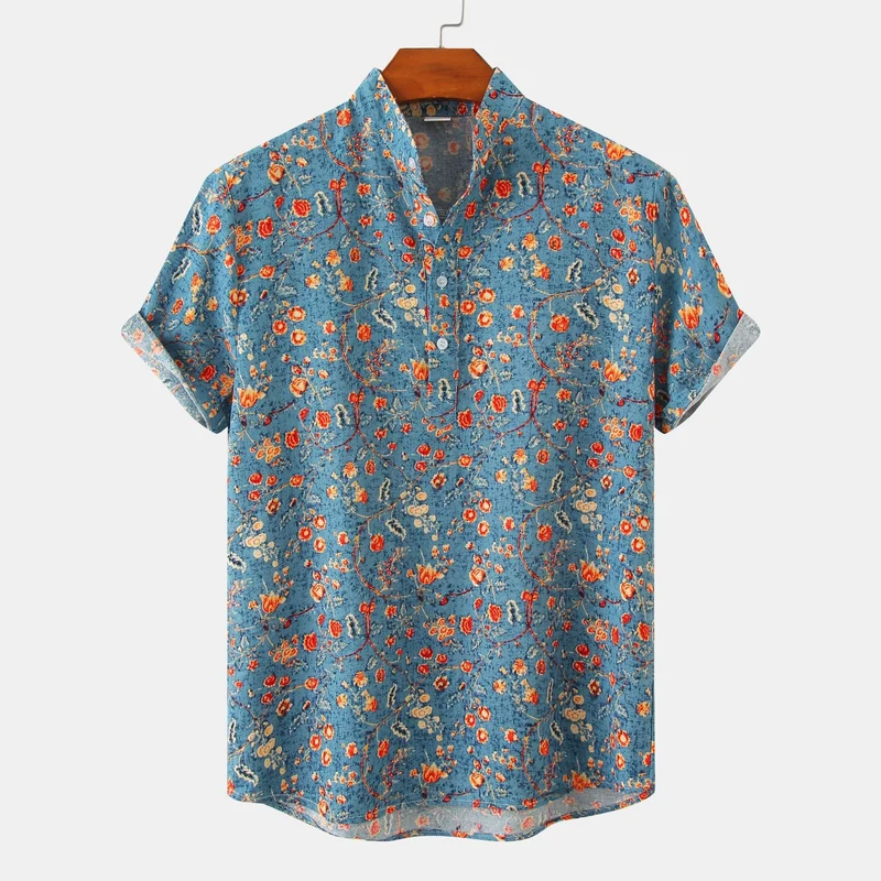 Damen Kurzarmbluse mit modernem Stehkragen und floralen Akzenten Nord Taschen