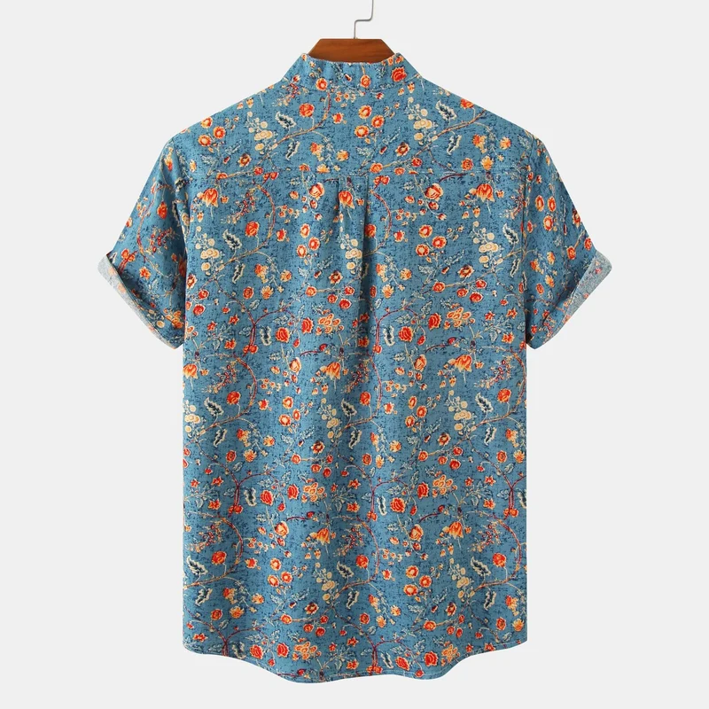 Damen Kurzarmbluse mit modernem Stehkragen und floralen Akzenten Nord Taschen