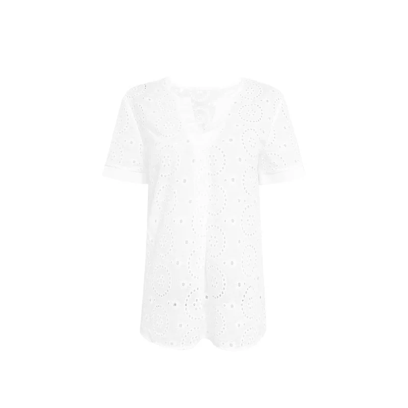 Damen Bluse mit floralen Lochstickereien und V-Ausschnitt