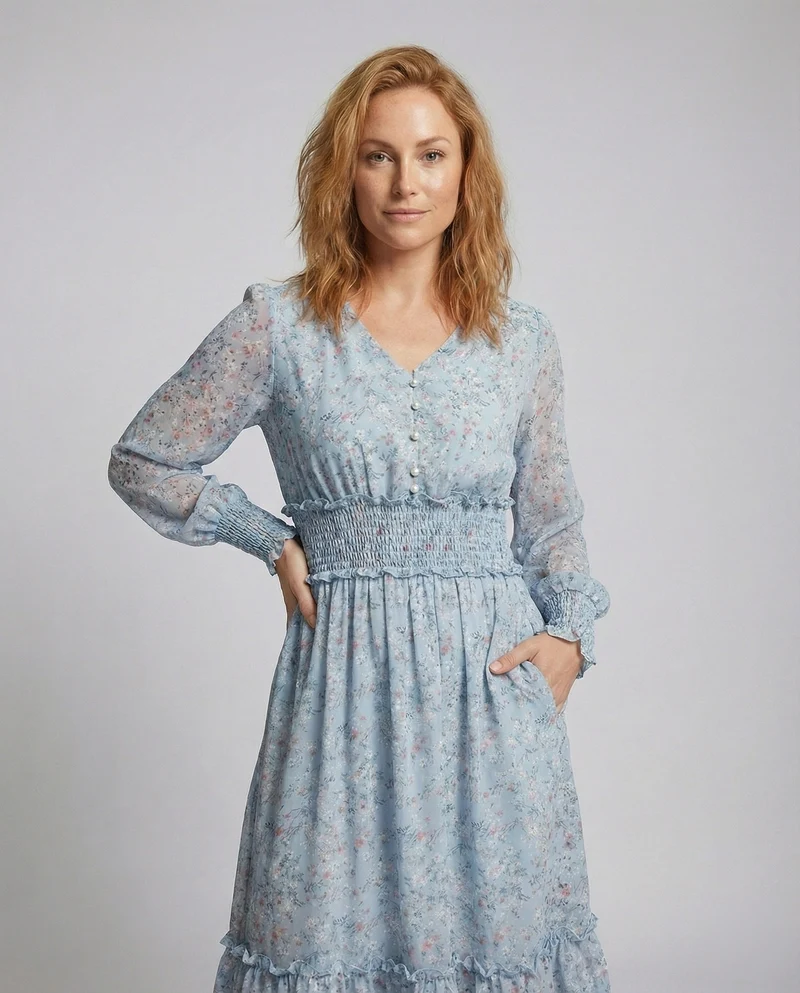 Damen Romantische Stufenvolant Polyester-Mix Stufen-Maxikleid