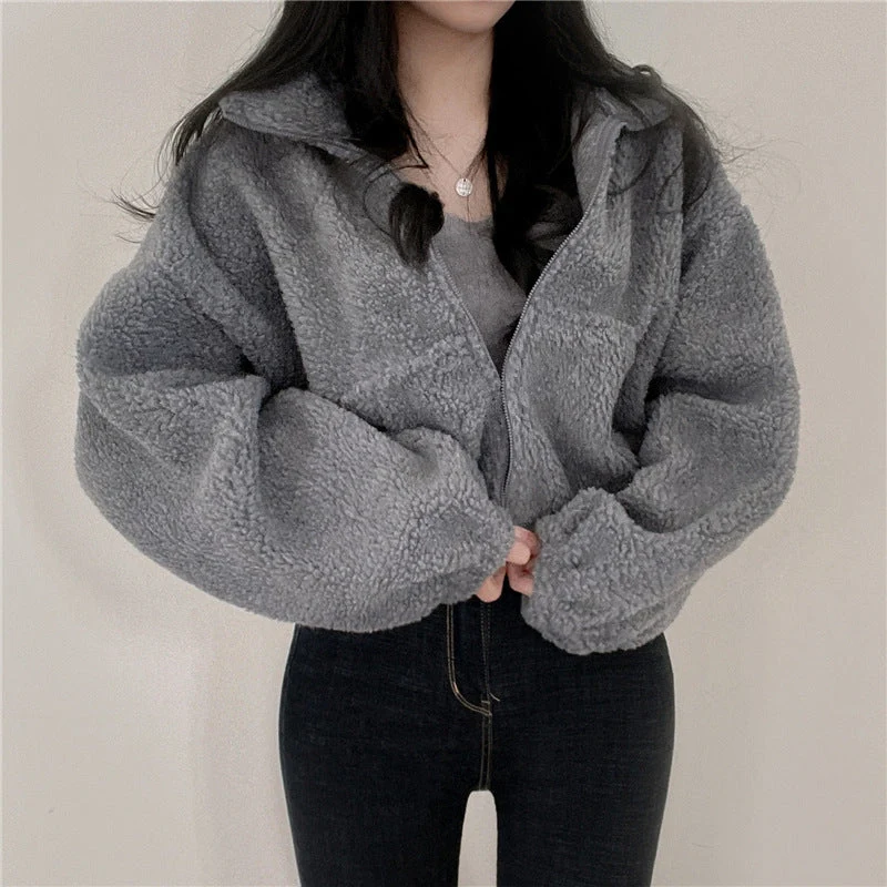 Damen kuschelige Fleece-Jacke mit hohem Kragen und Reißverschluss