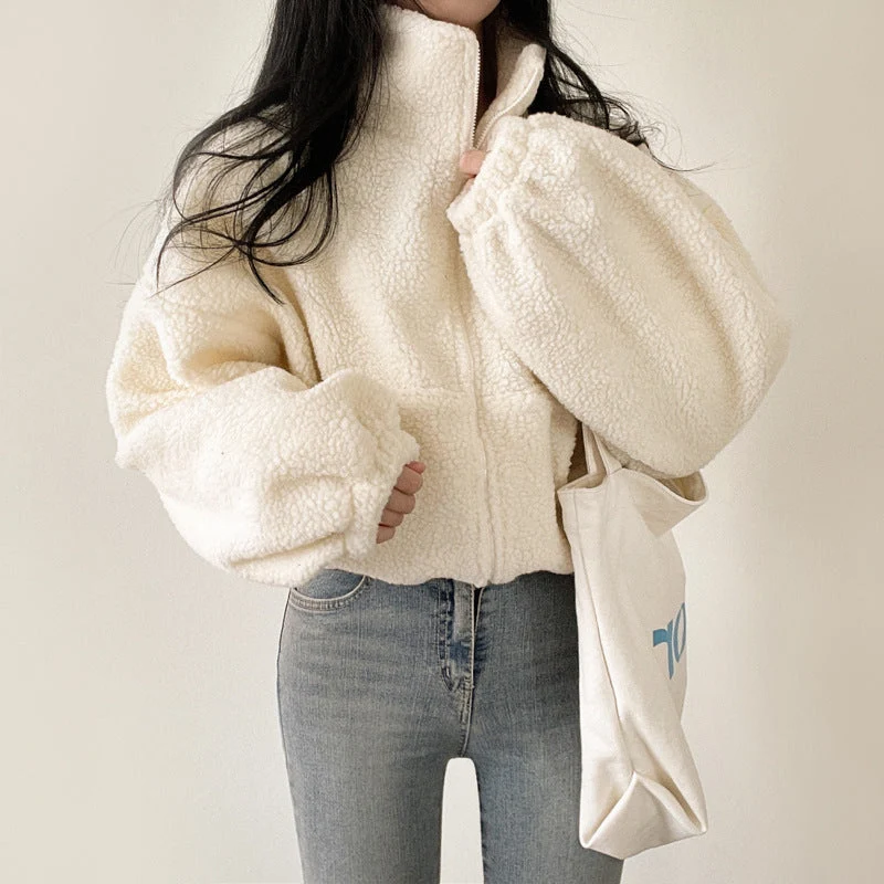Damen kuschelige Fleece-Jacke mit hohem Kragen und Reißverschluss