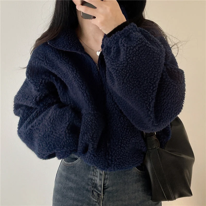 Damen kuschelige Fleece-Jacke mit hohem Kragen und Reißverschluss