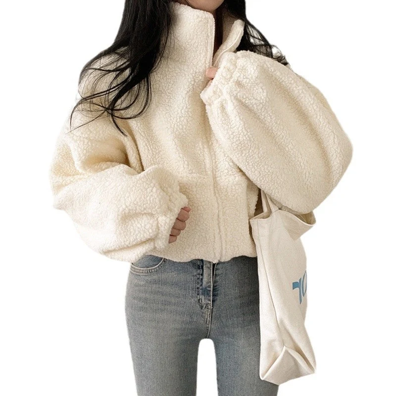 Damen kuschelige Fleece-Jacke mit hohem Kragen und Reißverschluss